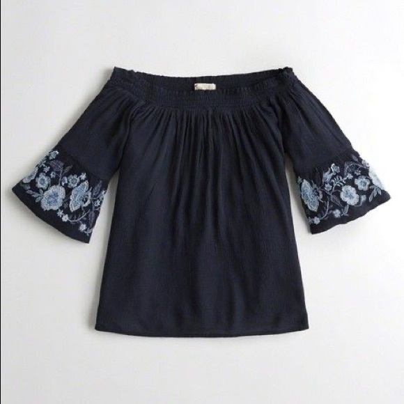Hollister Tops - Hollister Navy Floral Embroidered Smocked Off the Shoulder Bell Sleeve Top